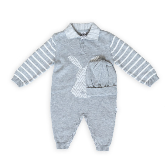 Romper knitted Caramel with hat Rabit grey 9-12 mon