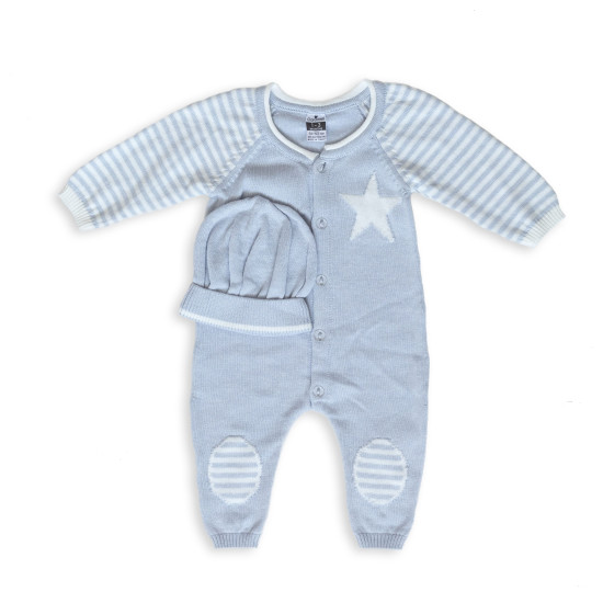 Romper knitted Caramel with cap Mavi Star blue 9-12 mon