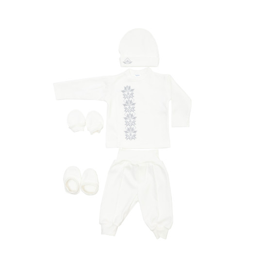 Baptismal set for boy Twins with grey embroidery 56s ecru