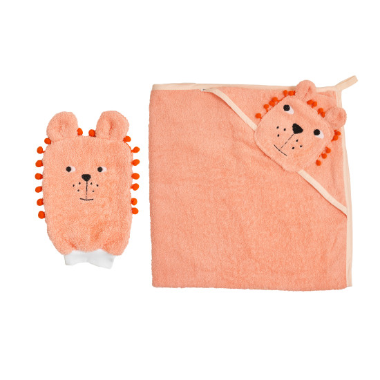 Полотенце Twins Zoo 80x80 с перчаткой 1580-PTZ-15, Лев, коралловый