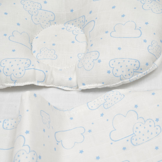Muslin Blanket and pillow for stroller Twins Bear, Clouds blue, blue