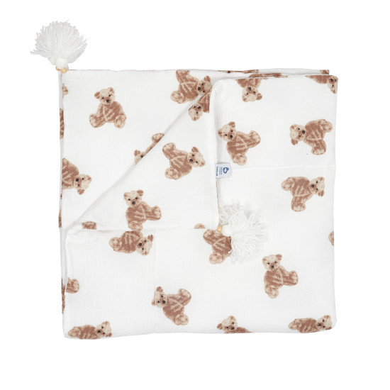 Children's blanket Twins muslin 90x90 insulated with tassels Teddy Bears ecru