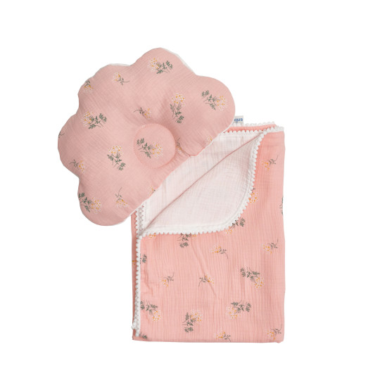 Детский плед и подушка ортопедическая Twins муслин Маршмелоу 110х80 pink/flower розовый
