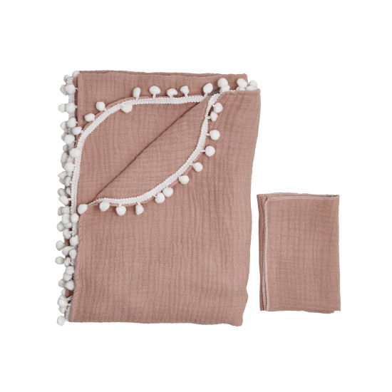 Children's blanket Twins muslin 100x100 4-layer with pompoms + napkin beige
