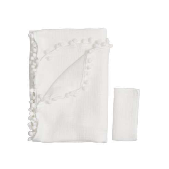 Children's blanket Twins muslin 100x100 4-layer with pompoms + napkin white