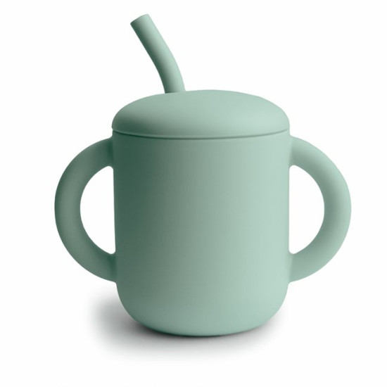 Силіконова кружка - поїлка з трубочкою Mushie, Cambridge Blue, ментол