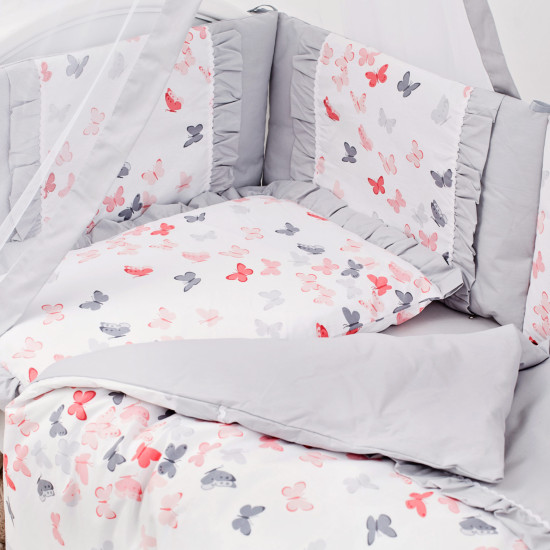 Постельный комплект 8 эл Twins Romantic Spring collection 4024-TR-101, Butterfly coral, коралловый / серый